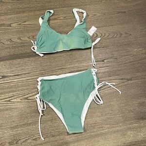 NWOT Jacques Designs Bathing Suit Side Lace Padded High Waist Bikini Green Large
